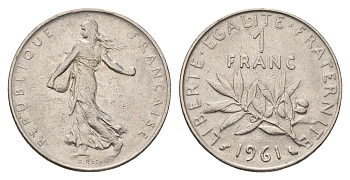 Франция 1 франк 1961 сеятель KM 925 никель 4641-1252