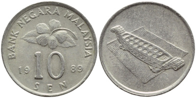 Малайзия 10 сенов 1989 цветок KM 51 медно-никель 4178-368