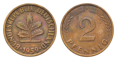 ФРГ 2 пфеннига 1959 F KM 106, J. 381 бронза 4528-423