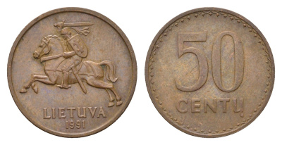 Литва 50 центов (сентов) 1991 год-тип KM 90 бронза 4689-1066