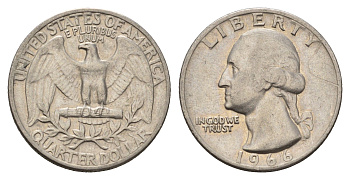 США 25 центов = квотер = 1/4 доллара 1966 Вашингтон KM 164a медь плакированная медно-никелем 4637-655