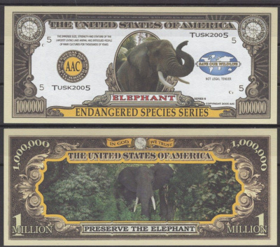 США 1000000 долларов 2005 Серия об исчезающих видах - слоны бумага UNC (пресс) 7197-4-2