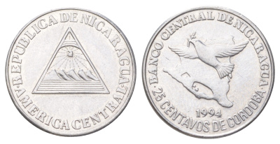 Никарагуа 25 сентаво 1994 голубь мира KM 82 хромированная сталь UNC 4625-221