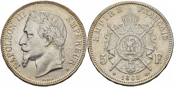 Франция 5 франков 1868 BB, Наполеон III (1852-1870) KM 799.2, Le franc 331/13 серебро aUNC 1067-1-32