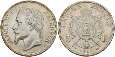 Франция 5 франков 1868 BB, Наполеон III (1852-1870) KM 799.2, Le franc 331/13 серебро aUNC 1067-1-32