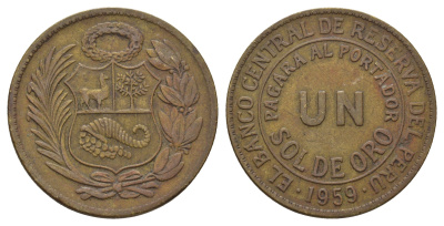 Перу 1 соль 1959 KM 222 латунь 4565-626