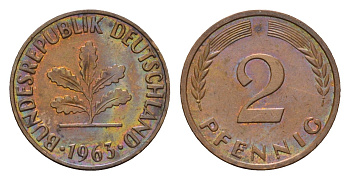 ФРГ 2 пфеннига 1963 J KM 106, J. 381 бронза 4564-558