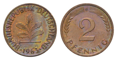 ФРГ 2 пфеннига 1963 J KM 106, J. 381 бронза 4564-558