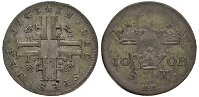 Швеция 10 эре 1743 HM, Фредрик I (1720-1751)KM 425 серебро 1524-525