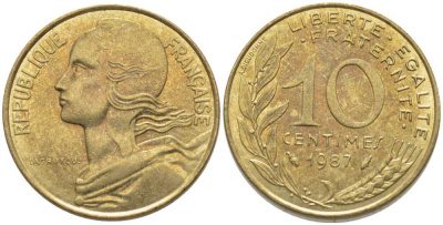 ФРАНЦИЯ 10 САНТИМОВ 1987 ТИП MARIANNE KM 929, LE FRANC 144.27 медь алюминий никель 116-265