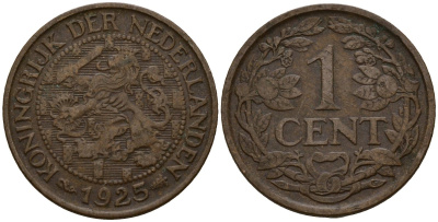 Нидерланды 1 цент 1925 Вильгельмина I (1890-1948) KM 152 бронза 4154-913