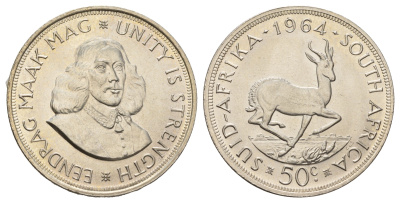 ЮАР 50 центов 1964 Ян ван Рибек, газель KM 62 серебро UNC 1515-1431