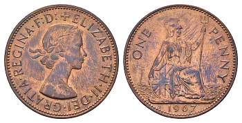 Великобритания 1 пенни 1967 Елизавета II (1952-2022) KM 897, Spink 4157 бронза 3855-831