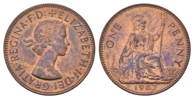 Великобритания 1 пенни 1967 Елизавета II (1952-2022) KM 897, Spink 4157 бронза 3855-831
