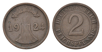 Германия 2 рейхспфеннига 1924 A KM 38, J. 314 бронза 4685-426