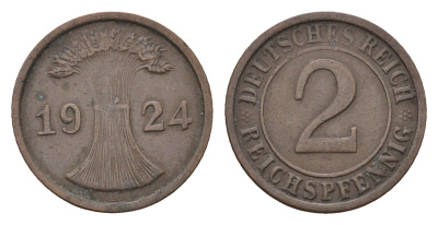 Германия 2 рейхспфеннига 1924 A KM 38, J. 314 бронза 4685-426