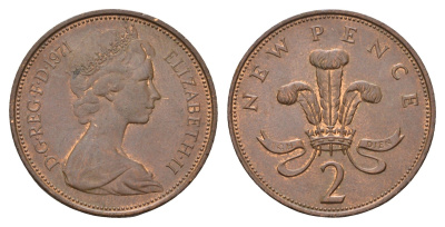 Великобритания 2 новых пенса 1971 Елизавета II (1952-2022) KM 916, Spink 4235 (C1) бронза 92-854