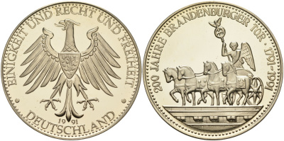 ФРГ медаль 1991 200 лет Бранденбургским воротам (1791-1991), диаметр 40 мм. медно-никель PROOF 01-084-11