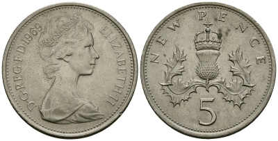 Великобритания 5 пенсов 1969 Елизавета II (1952-2022) KM 911, Spink 4233 (D1) медно-никель 4538-137