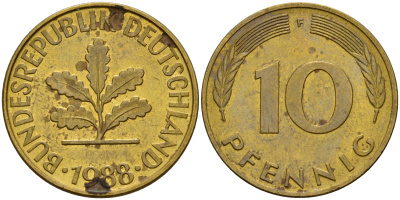 ФРГ 10 пфеннигов 1988 F J. 383, KM 108 сталь плакированная латунью    4603-552