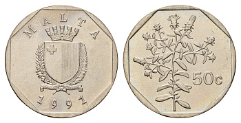 Мальта 50 центов 1991 девясил KM 98 медно-никель UNC 4688-957