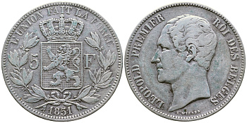 Бельгия 5 франков 1851 Леопольд I (1831-1865) KM 17 серебро 1067-3-52