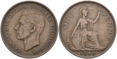 Великобритания 1 пенни 1946 Георг VI (1936-1952) KM 845, Spink 4114 бронза 4574-141