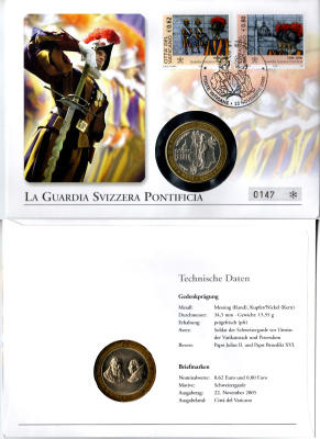 Ватикан медаль "Швейцарская гвардия" 2005 папа Бенедикт XVI, в конверте с маркой (КПД - Конверт первого дня Гашения) биметалл UNC 9000-25