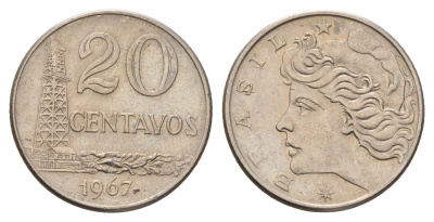 Бразилия 20 сентаво 1967 год-тип KM 579.1 медно-никель 4563-1141