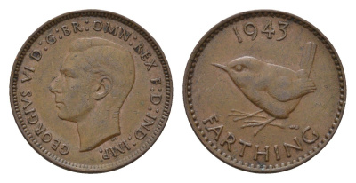 Великобритания 1 фартинг 1943 Георг VI (1936-1952) KM 843, Spink 4116 бронза 4516-963