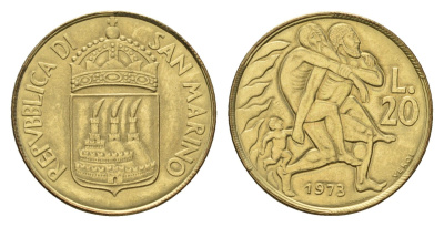 Сан-Марино 20 лир 1973 KM 26 алюминиевая бронза UNC 4511-854