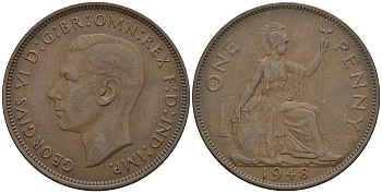Великобритания 1 пенни 1948 Георг VI (1936-1952) KM 845, Spink 4114 бронза 4112-735