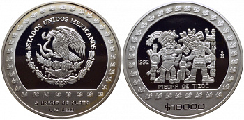Мексика 10000 песо 1992 фигуры майя, камень Тисока, вес 155,51 грамм, тираж 3300 экземпляров KM 557 серебро PROOF 11-097-11-2