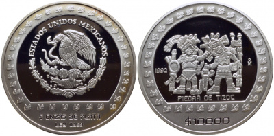 Мексика 10000 песо 1992 фигуры майя, камень Тисока, вес 155,51 грамм, тираж 3300 экземпляров KM 557 серебро PROOF 11-097-11-2