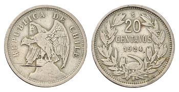 Чили 20 сентаво 1924 KM 167 медно-никель 4706-445