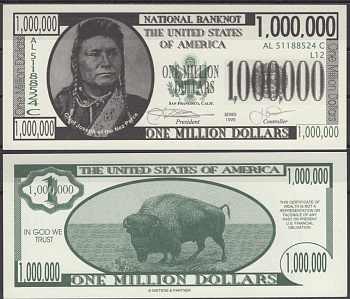 США 1000000 долларов 1999 Вождь Джозеф бумага UNC (пресс) 7196-9-1