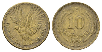 Чили 10 сентесимо 1966 KM 191 алюминиевая бронза 4688-313