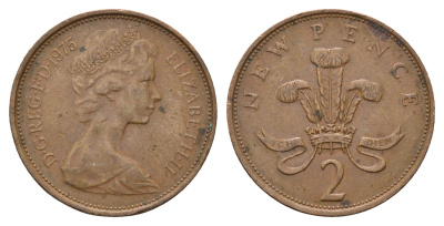 Великобритания 2 пенса 1975 Елизавета II (1952-2022) KM 916, Spink 4235 (C1) бронза 4637-1223
