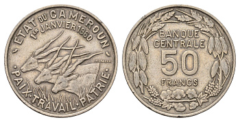 Камерун 50 франков 1960 год-тип KM 13 медно-никель 4531-543