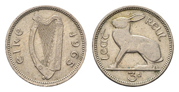 Ирландия 3 пенса 1965 заяц KM 12a медно-никель 4687-932
