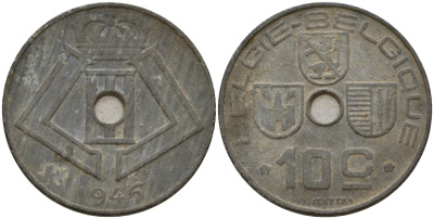 Бельгия 10 сантимов 1945 Belgie - Belgique, Леопольд III (1934-1947), германская оккупация, Вторая мировая война KM 126 цинк 4161-351