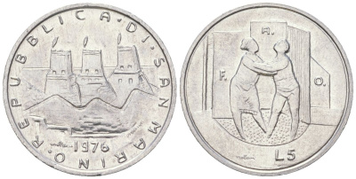 Сан-Марино 5 лир 1976 Республика KM 53 алюминий aUNC 4164-1027
