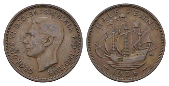 Великобритания 1/2 пенни 1938 Георг VI (1936-1952) KM 844, Spink 4115 бронза 4546-1114