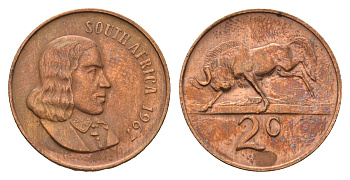 ЮАР 2 цента 1967 Ян ван Рибек (1619-1677), South Africa, легенда на английском, антилопа KM 66.1 бронза aUNC 4122-442
