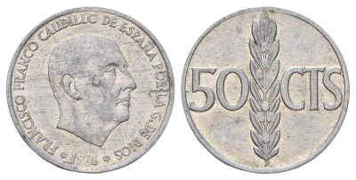 Испания 50 сентимо 1966 (71) Франсиско Франко (1939-1975) KM 795 алюминий 4682-121