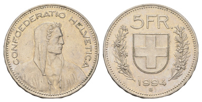 Швейцария 5 франков 1994 B KM 40a.4 медно-никель 4536-1121
