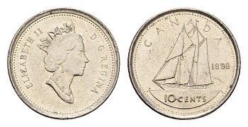 Канада 10 центов 1998 Елизавета II (1952-2022), парусник KM 183 никель 4689-567