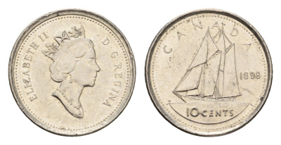 Канада 10 центов 1998 Елизавета II (1952-2022), парусник KM 183 никель 4689-567