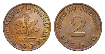 ФРГ 2 пфеннига 1967 F KM 106, J. 381 бронза 3458-714