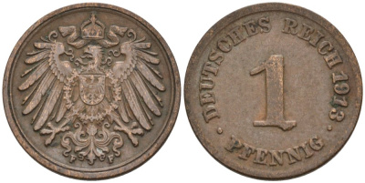 Германия 1 пфенниг 1913 F KM 10, J. 10 медь 4576-225